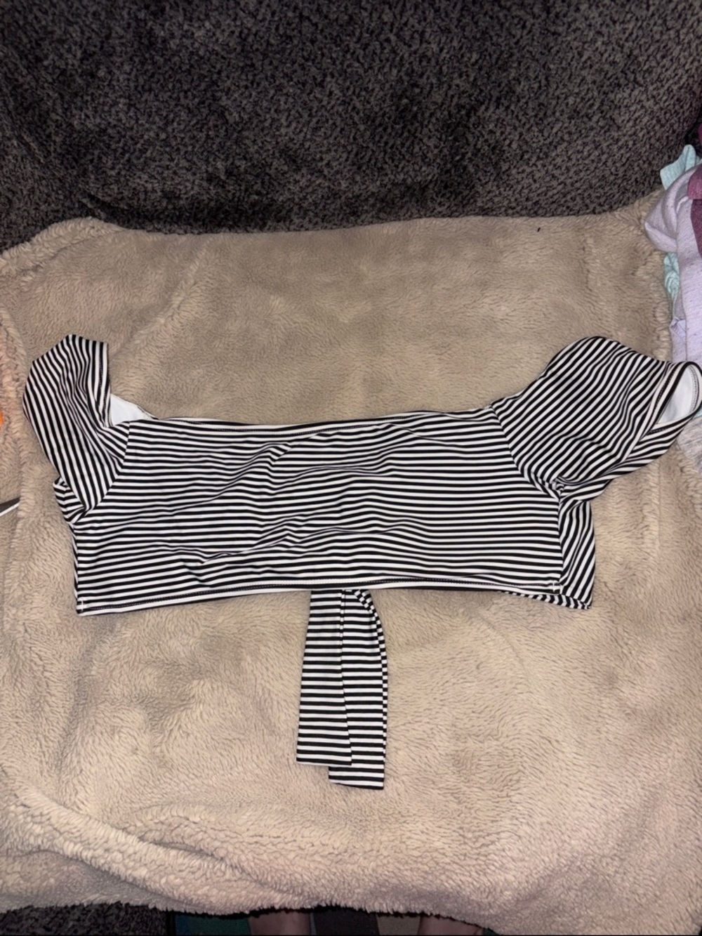 Cabana del Sol Black & White Striped Off Shoulder Tie Bikini Set, XL - Picture 2 of 8